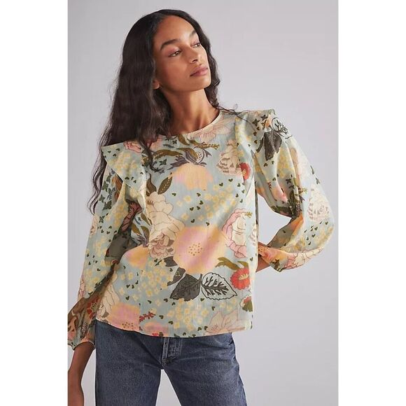 Anthropologie Tops - Anthropologie Carolina K Women’s Blue Large Floral Printed Pullover Blouse